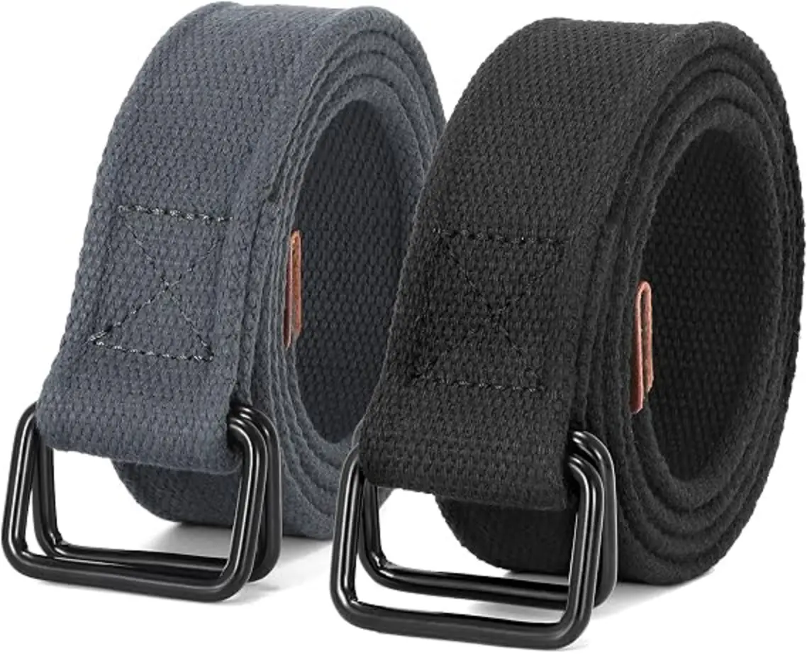 JASGOOD Men Canvas Fabric Belts 2 Pack with Black Double Ring Buckle
