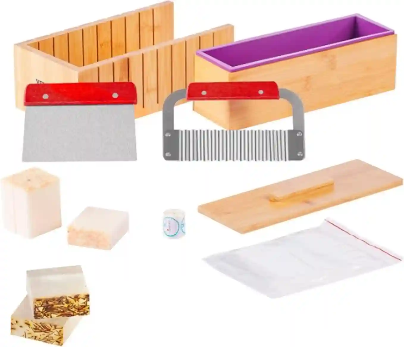 VEVOR Soap Making Kit with Bamboo Cutting Box Silicone Mold Straight and Wavy Cutters Plus Packaging Supplies