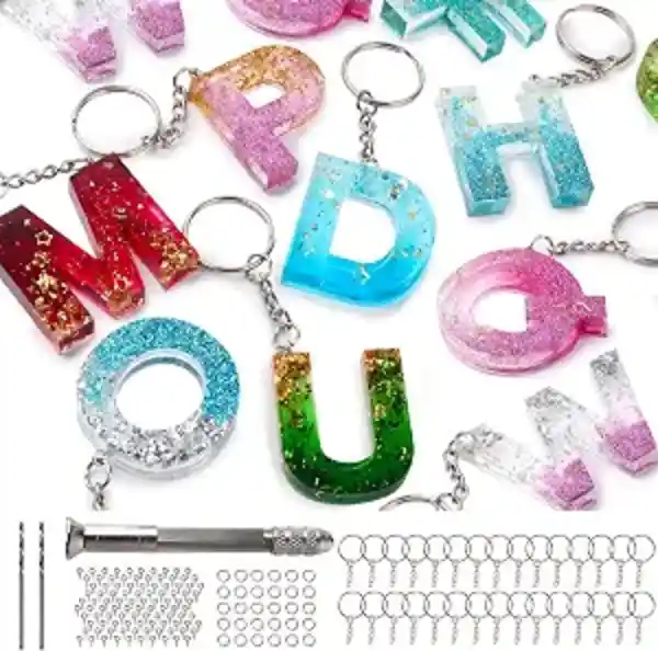 Mocoosy 134Pcs Alphabet Keychain Resin Molds Kit with Hand Drill and Accessories