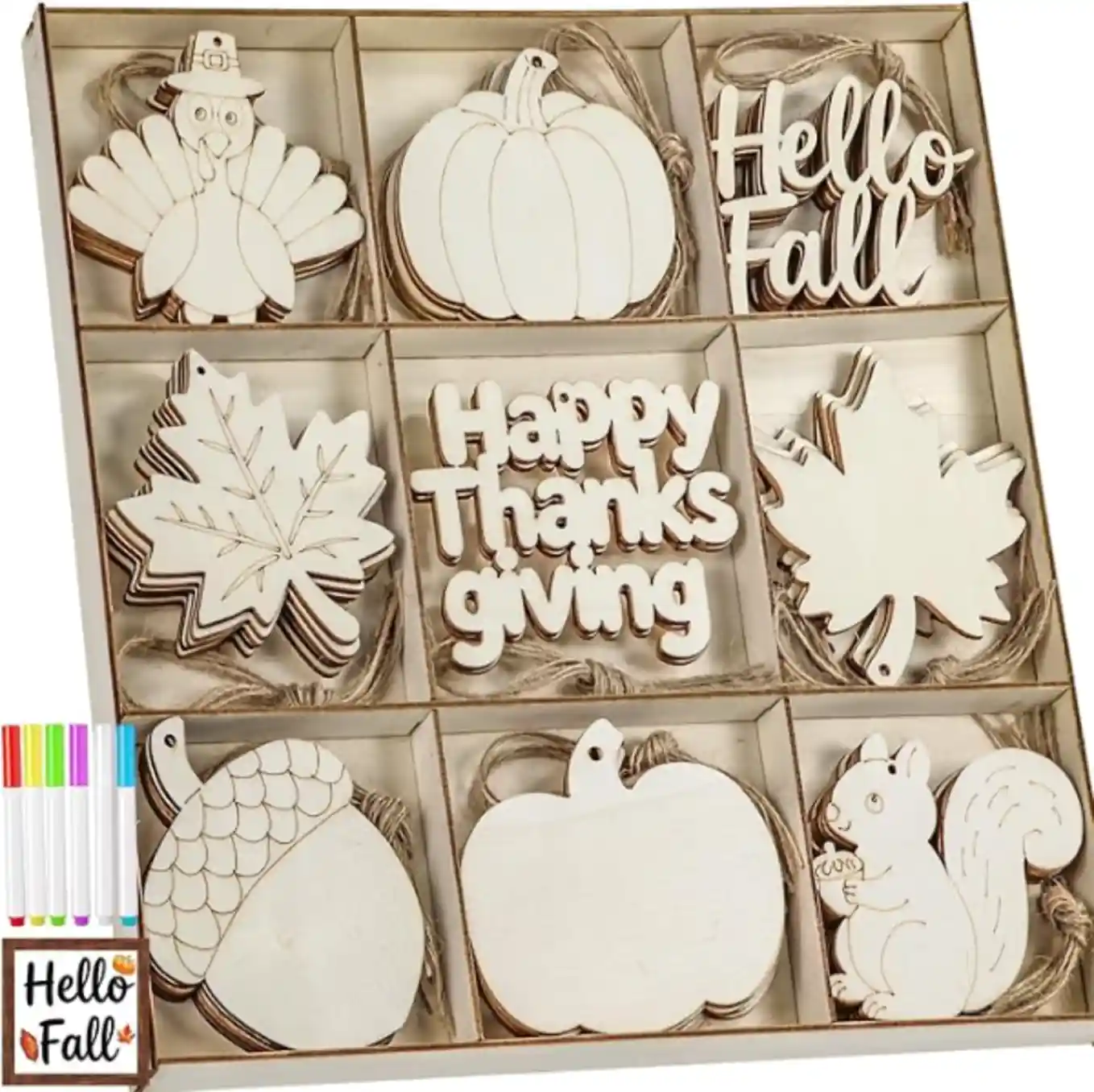 WOHOHOHO Unfinished Wooden Fall Ornaments DIY Autumn Crafts With Storage Tray