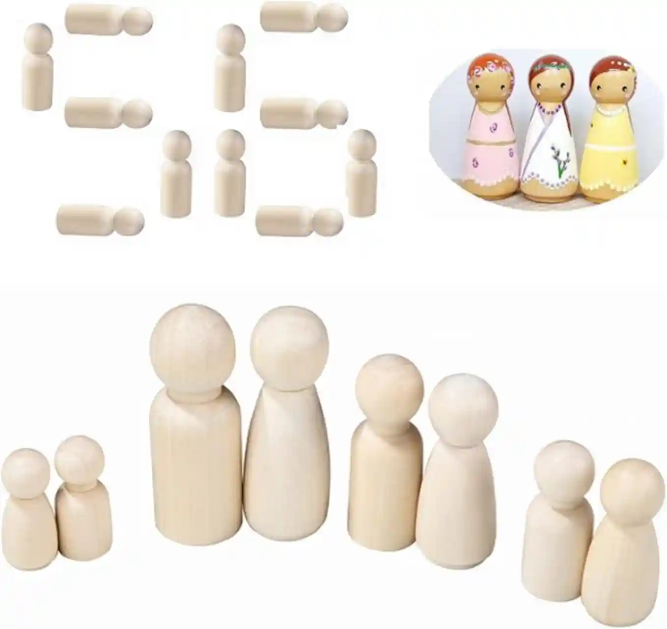 QDXATIVP 56 Pieces Unfinished Natural Wooden Peg Dolls Family Set