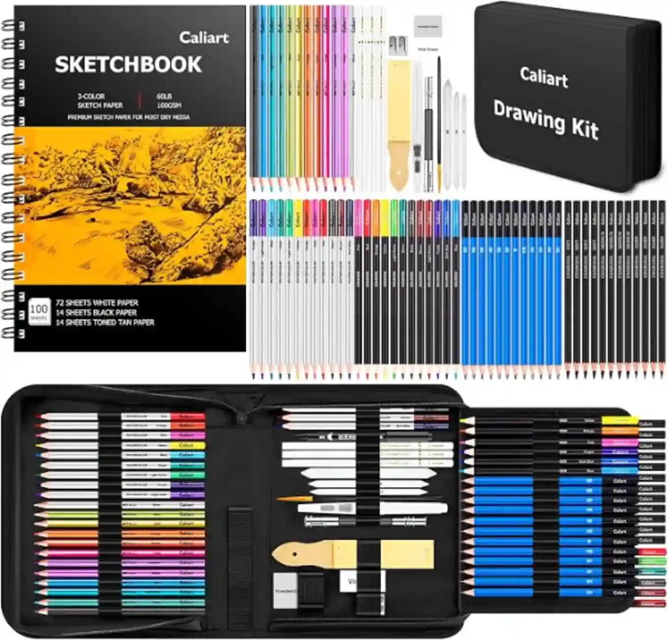 Caliart 176PCS Art Supplies Sketching Kit With 3-Color Sketchbook