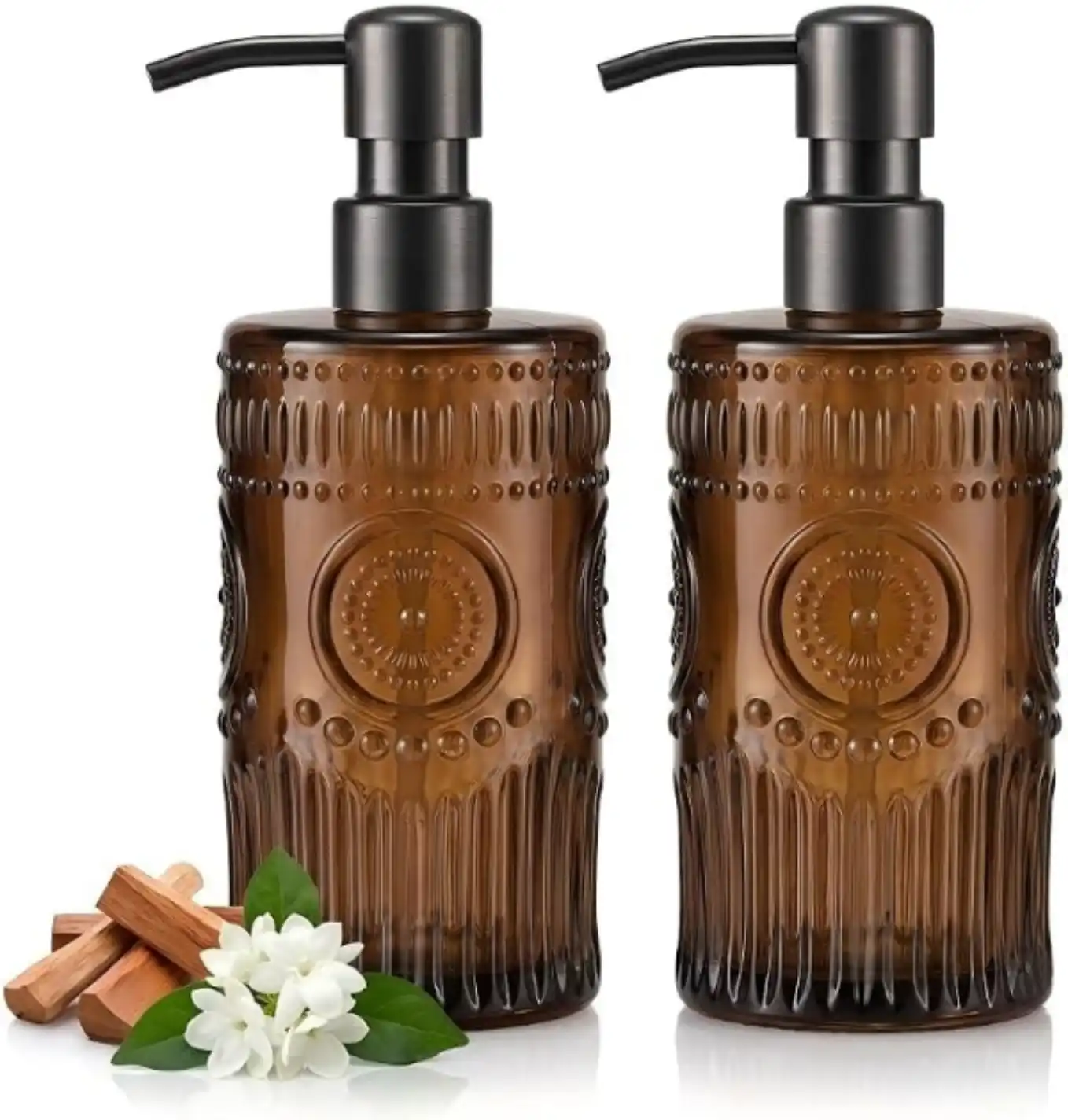 simeitol Glass Soap Dispenser 2 Pack 17oz Amber Sunflower Embossed Set