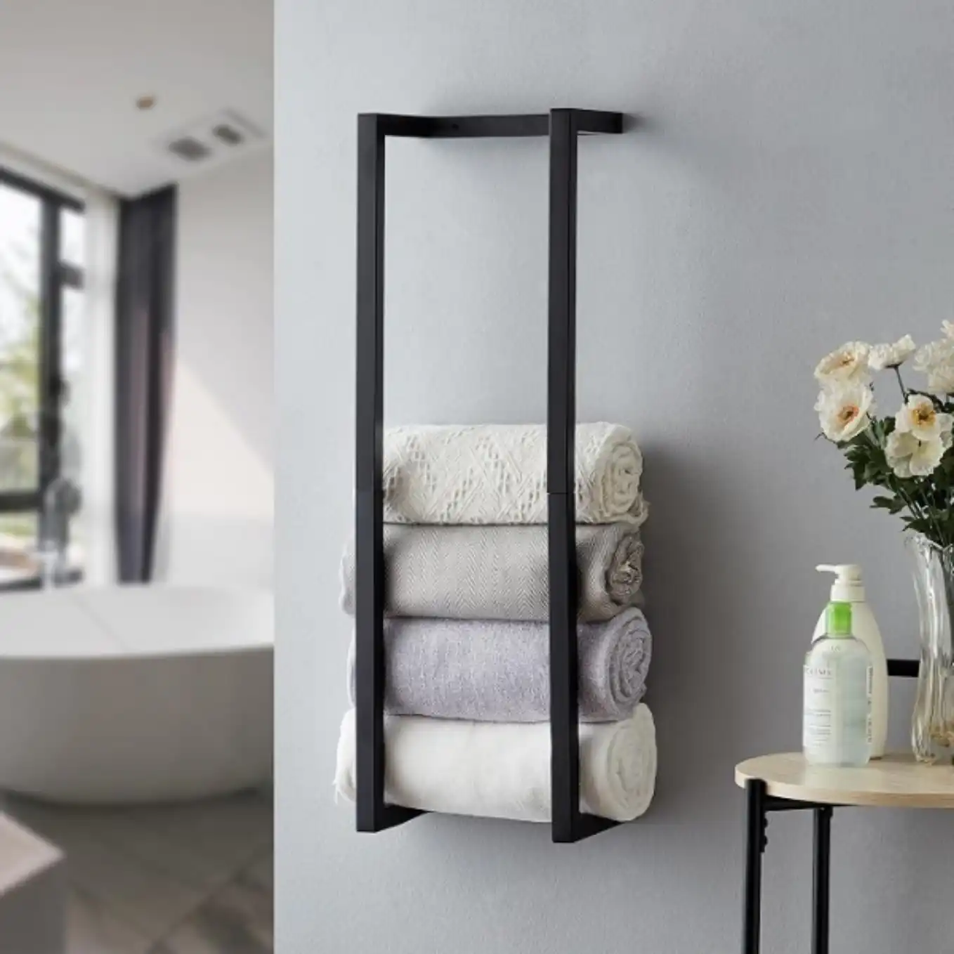 Roeveca Wall Mounted Metal Towel Rack Organizer for Bathroom Rolled Towels Black