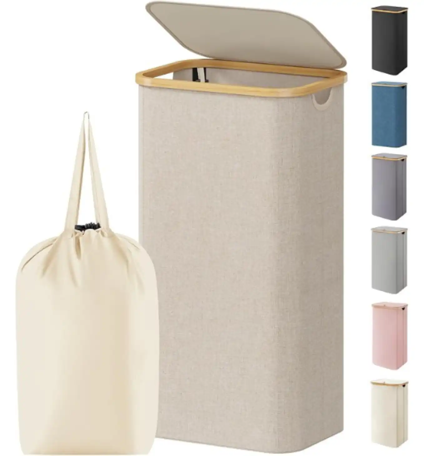 Lifewit 105L Large Laundry Basket with Lid, Removable Bags, Beige Foldable Laundry Hamper with Bamboo Handles