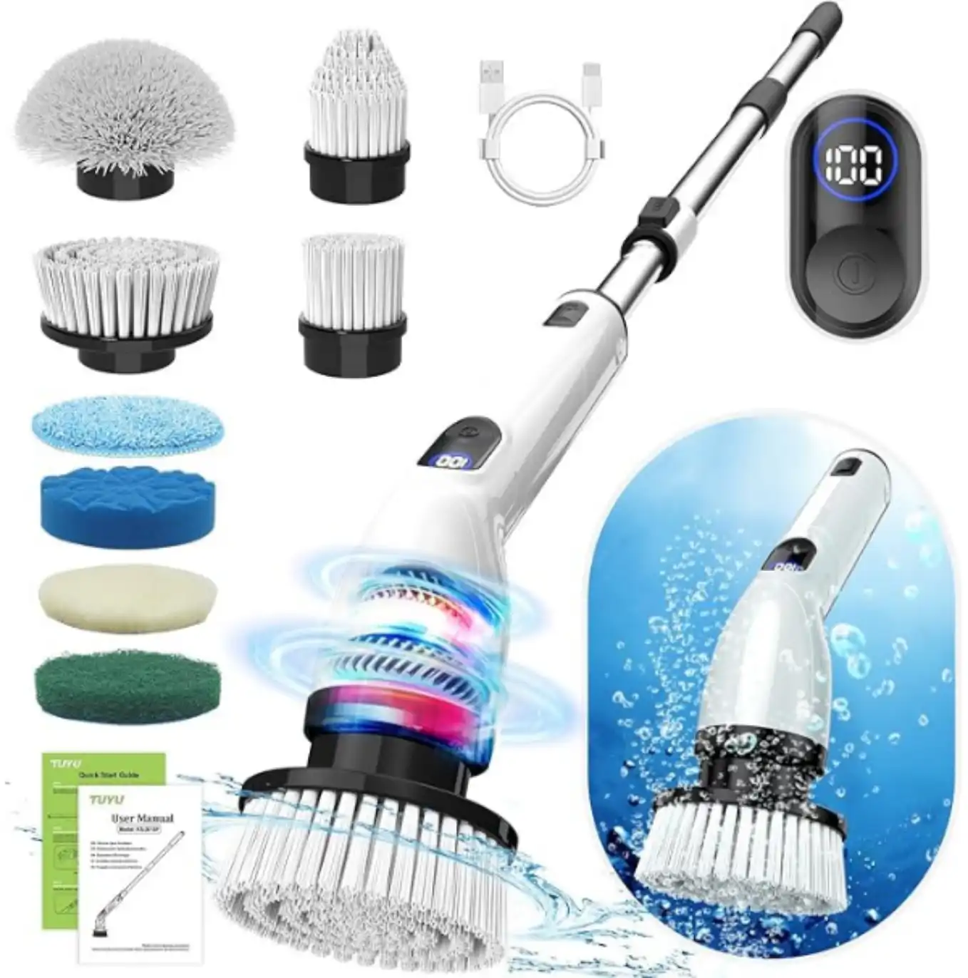 TUYU Electric Spin Scrubber Cordless Power Scrubber with 8 Replaceable Brush Heads