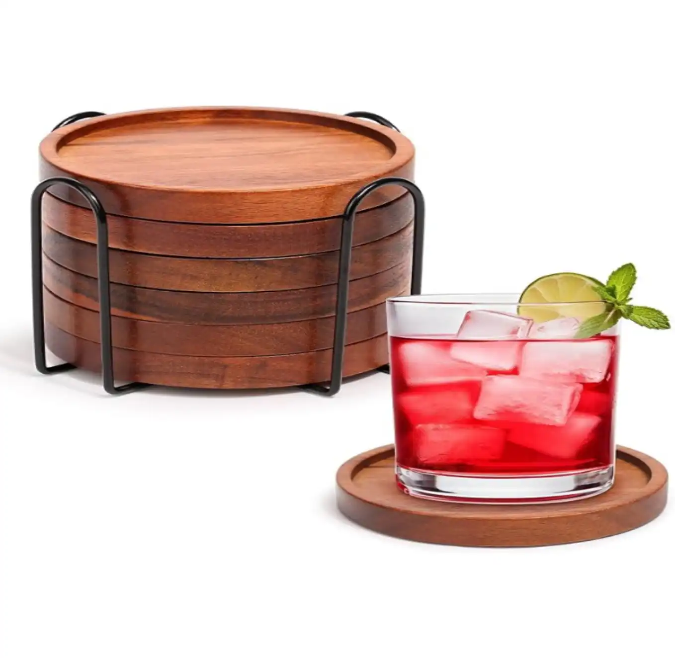Mckanti Wooden Coasters Set of 6 with Holder Acacia Wood Drink Coasters
