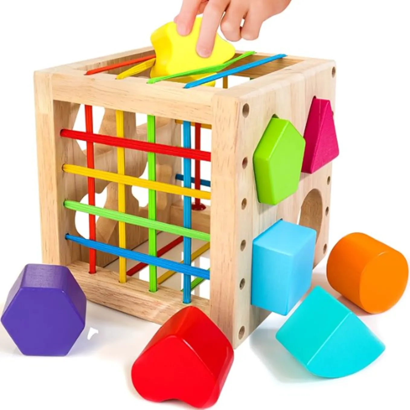 HELLOWOOD Wooden Shape Sorter Cube, Montessori Toys for 1+ Year Old