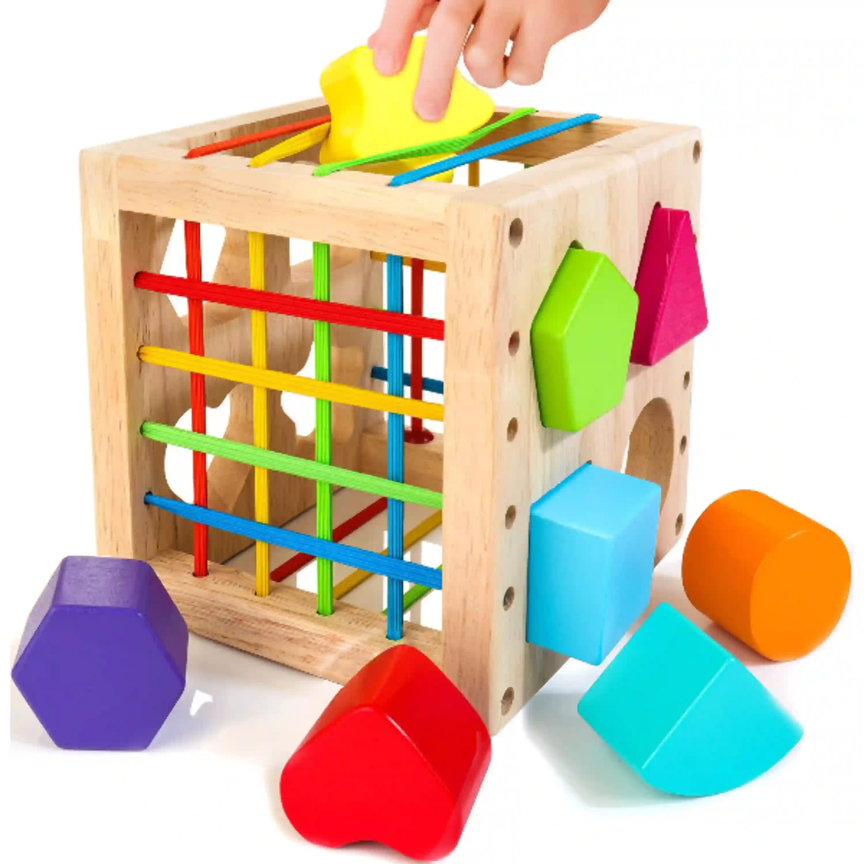 HELLOWOOD Wooden Shape Sorter Cube Sensory Toy for Toddlers