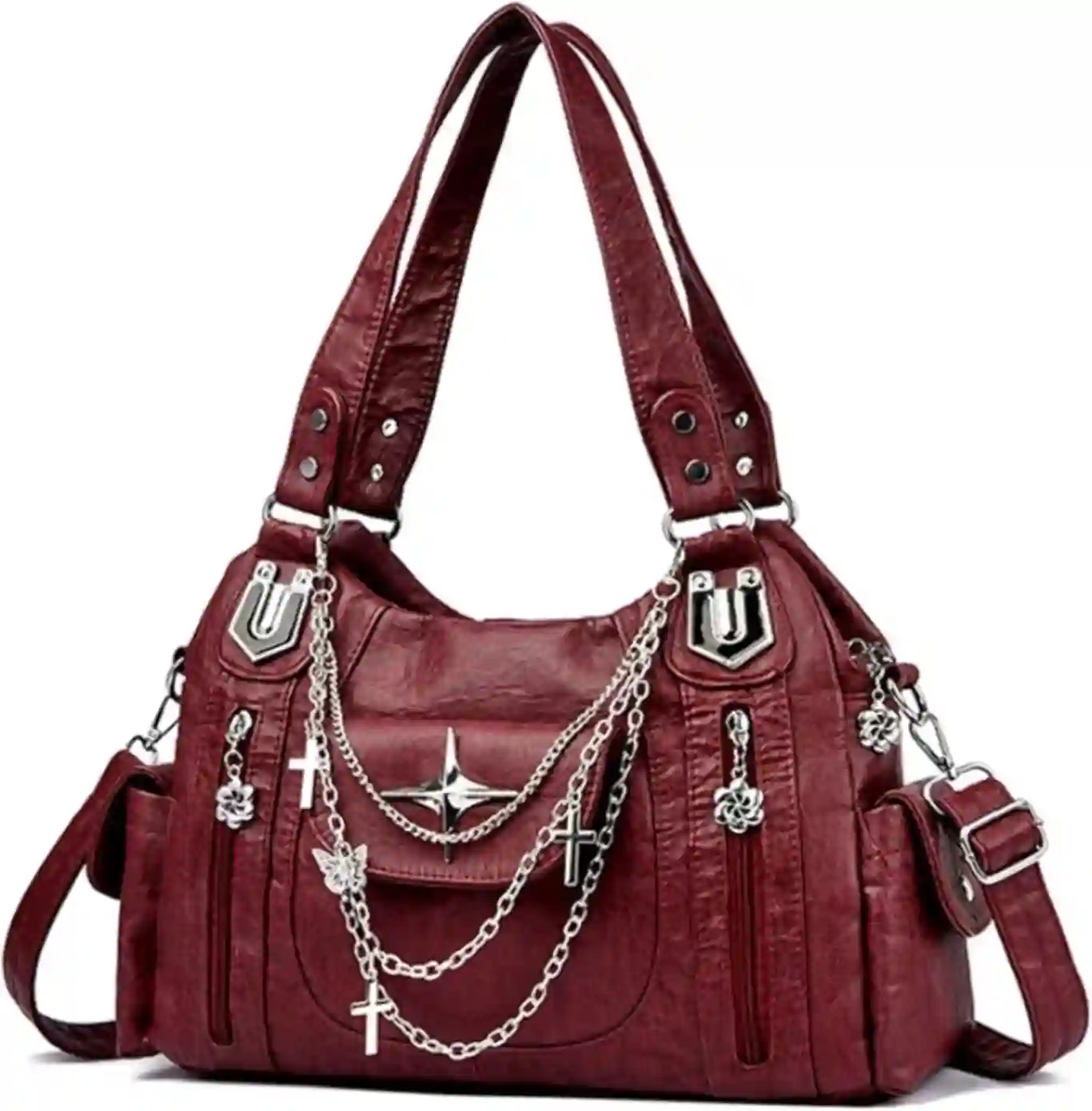 Makukke Y2K Gothic Tote Bag Vintage Punk Shoulder Bag with Chains Multi Pocket Crossbody Purse