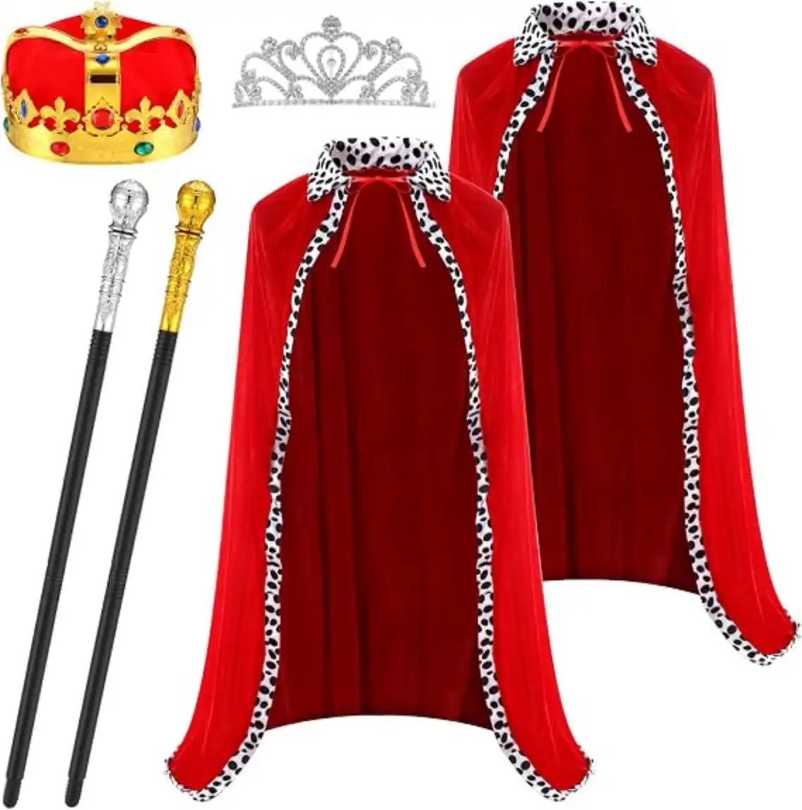 Tisancy 6Pcs King & Queen Costume Set with Velvet Robes, Crowns, and Scepters