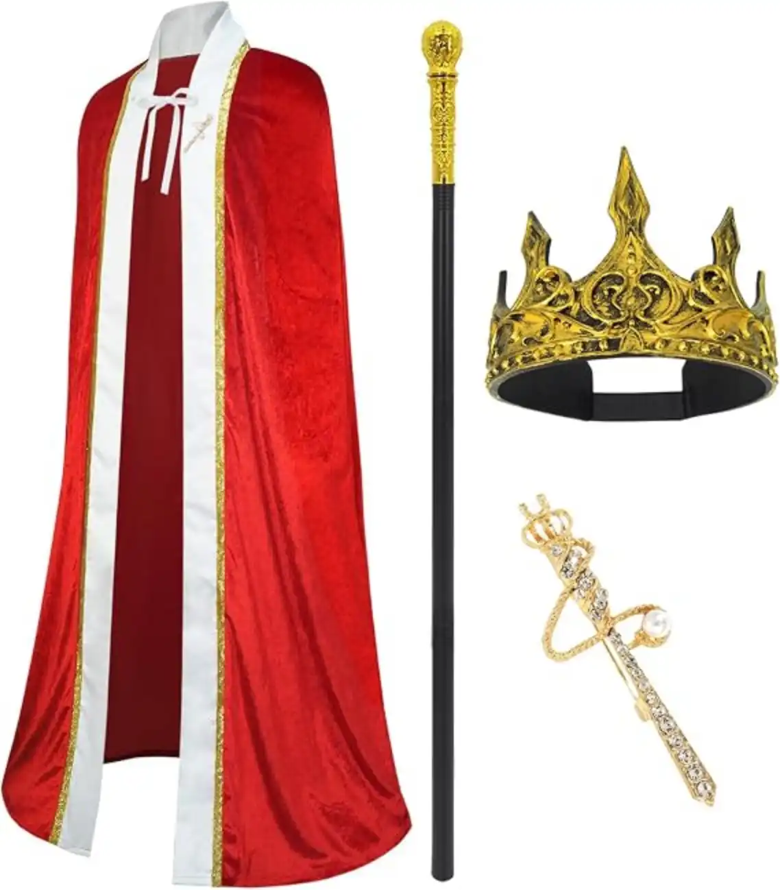 CosInStyle Halloween King Prince or Queen Robe Red Cloak Cape Crown Wand Costume Set