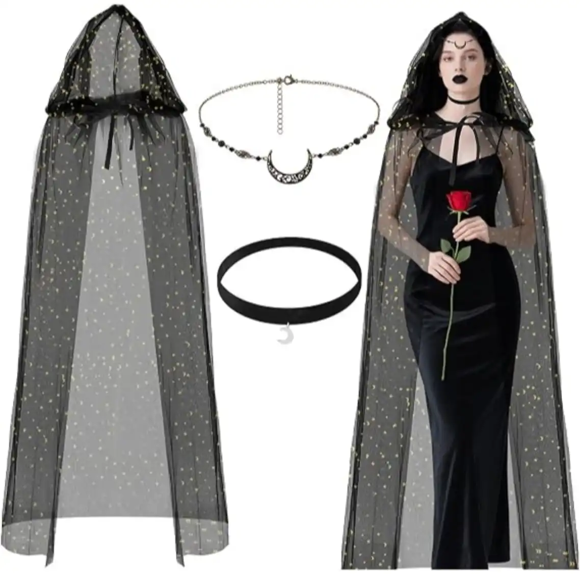 3Pcs Halloween Witch Cosplay Costume Set Black Tulle Hooded Cape Moon Jewelry