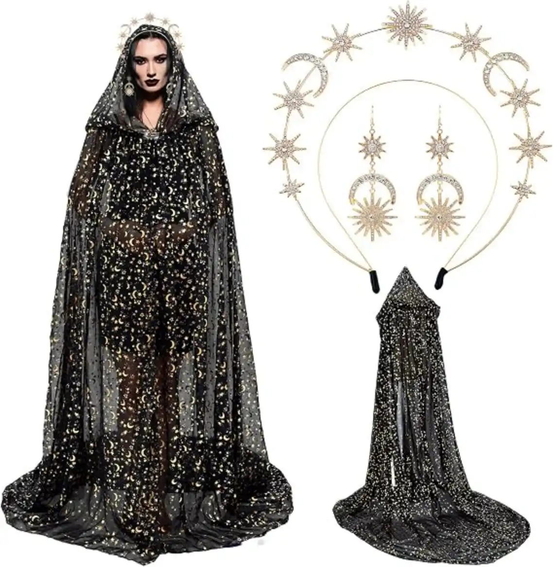 Shihanee 3 Pcs Halloween Witch Cape Star Moon Hooded Tulle Set with Headband