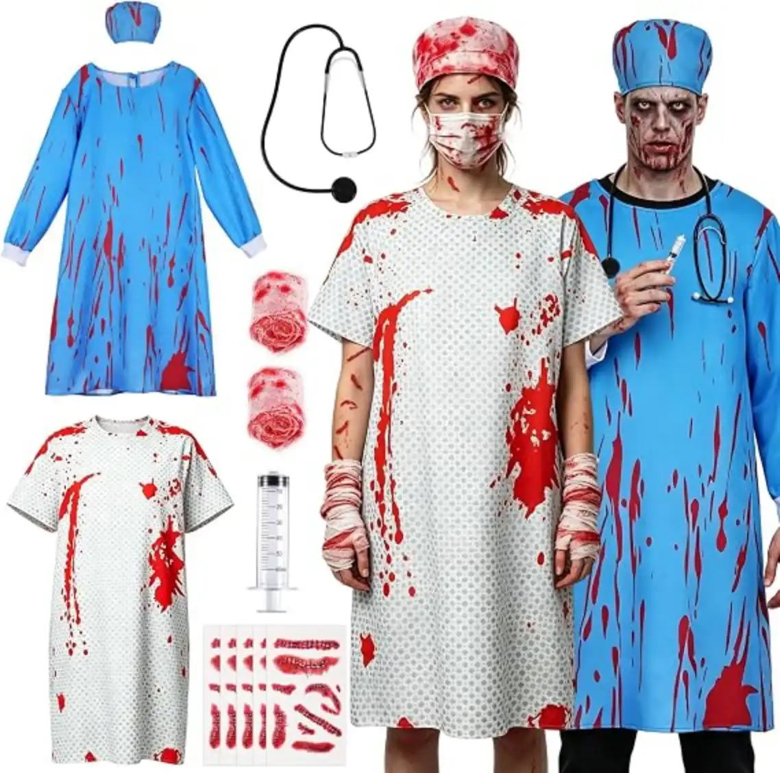 Halloween Couples Costume Set Doctor Surgeon and Patient Bloody Gown