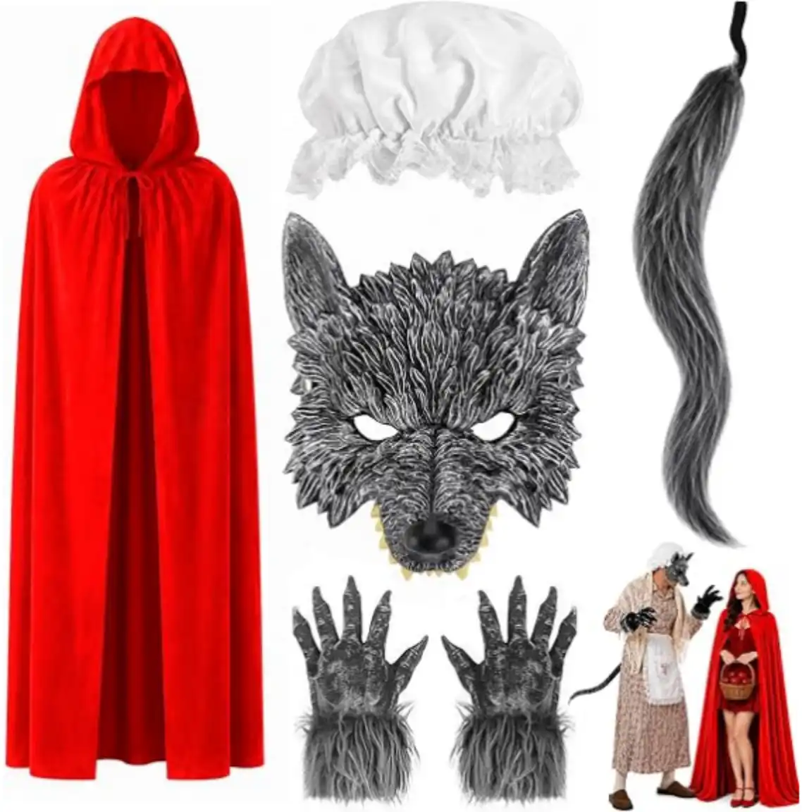 5Pcs Wolf Couples Halloween Costume Set Red Velvet Cape and Werewolf Accessories