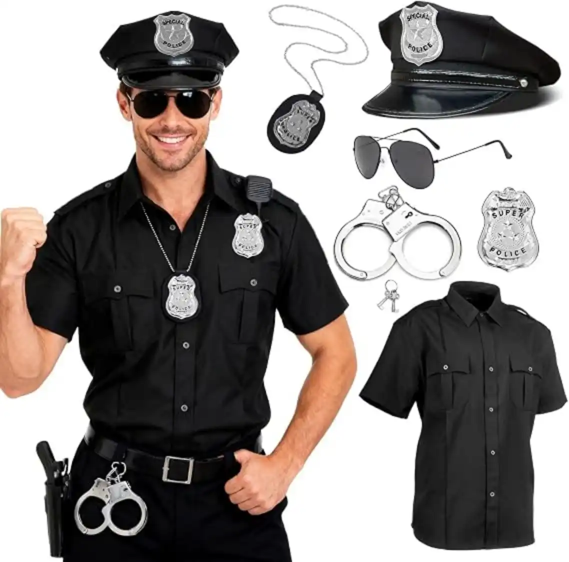 Maazusa Police Costume Men Cop Outfit Shirt Hat Badge Handcuffs Sunglasses