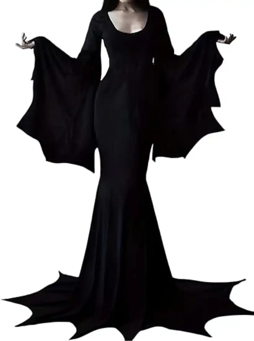 YEAXLUD Vampire Women Halloween Costume Morticia Addams Long Sleeve Wrap Dress