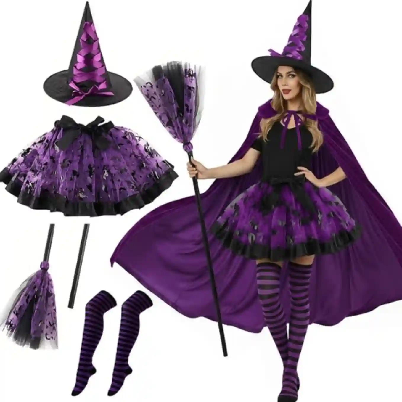 Fairytale Cute Witch Costume Deluxe Set with Broom Hat and Cloak