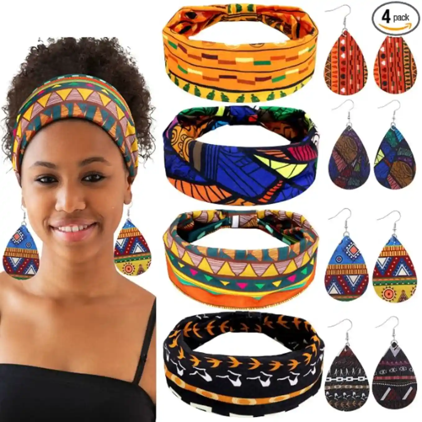 WILLBOND 4 Pack African Headband Earring Set