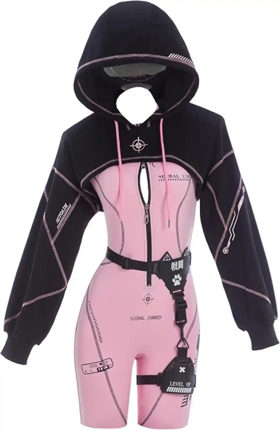 Cosplay.fm Women Cyber Suit Long Sleeve Workout Jumpsuit with Crop Top Hoodie