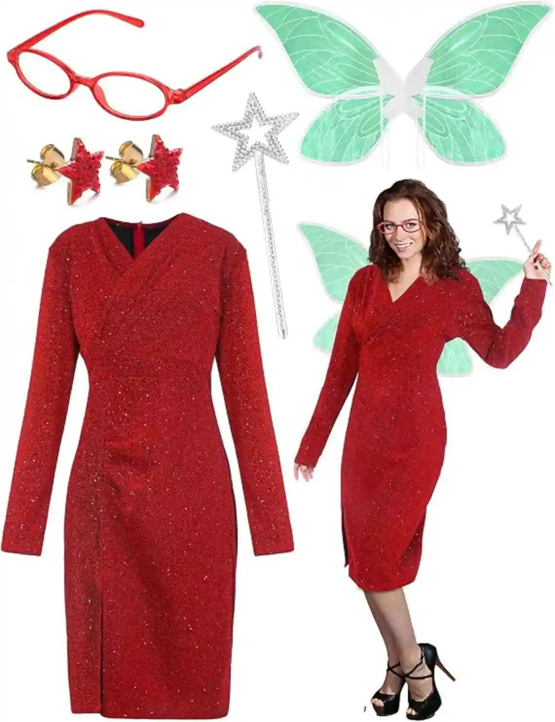 JcHrmers Halloween Fairy Costume Red Glitter Dress and Accessories