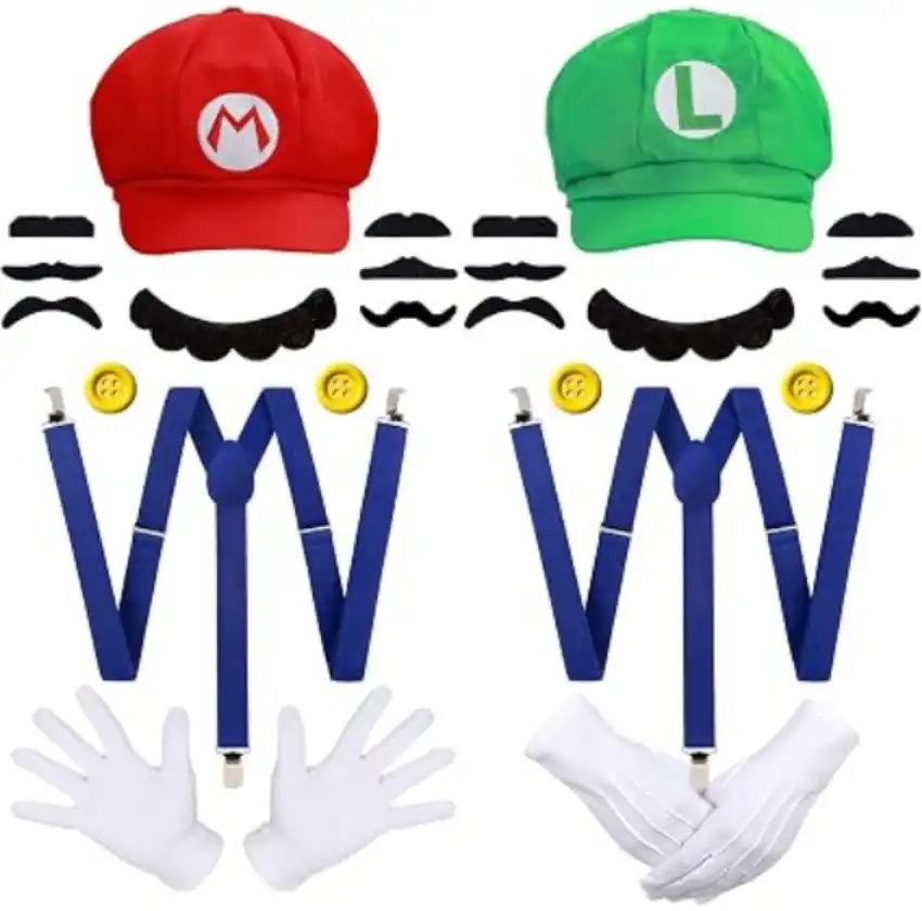 Humairc Super Bros Hats Accessories Set Mary Luigy Caps Mustaches Suspenders Gloves Buttons