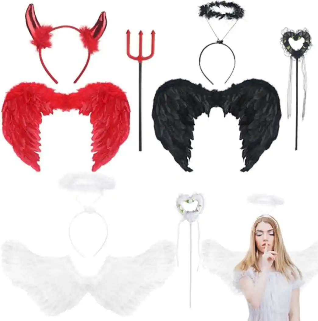 Maiteenly 3 Set Angel and Devil Halloween Costumes Set Wings Headband Wand
