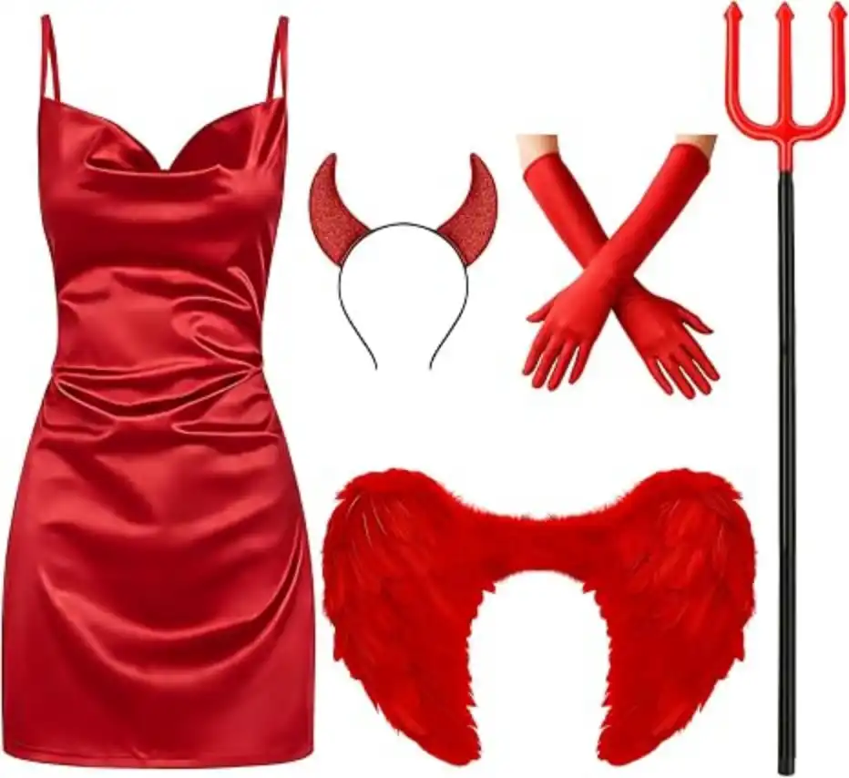 Maiteenly 5 Pcs Halloween Demon Costume Women Wings Horns Fork Gloves Red Satin Dress