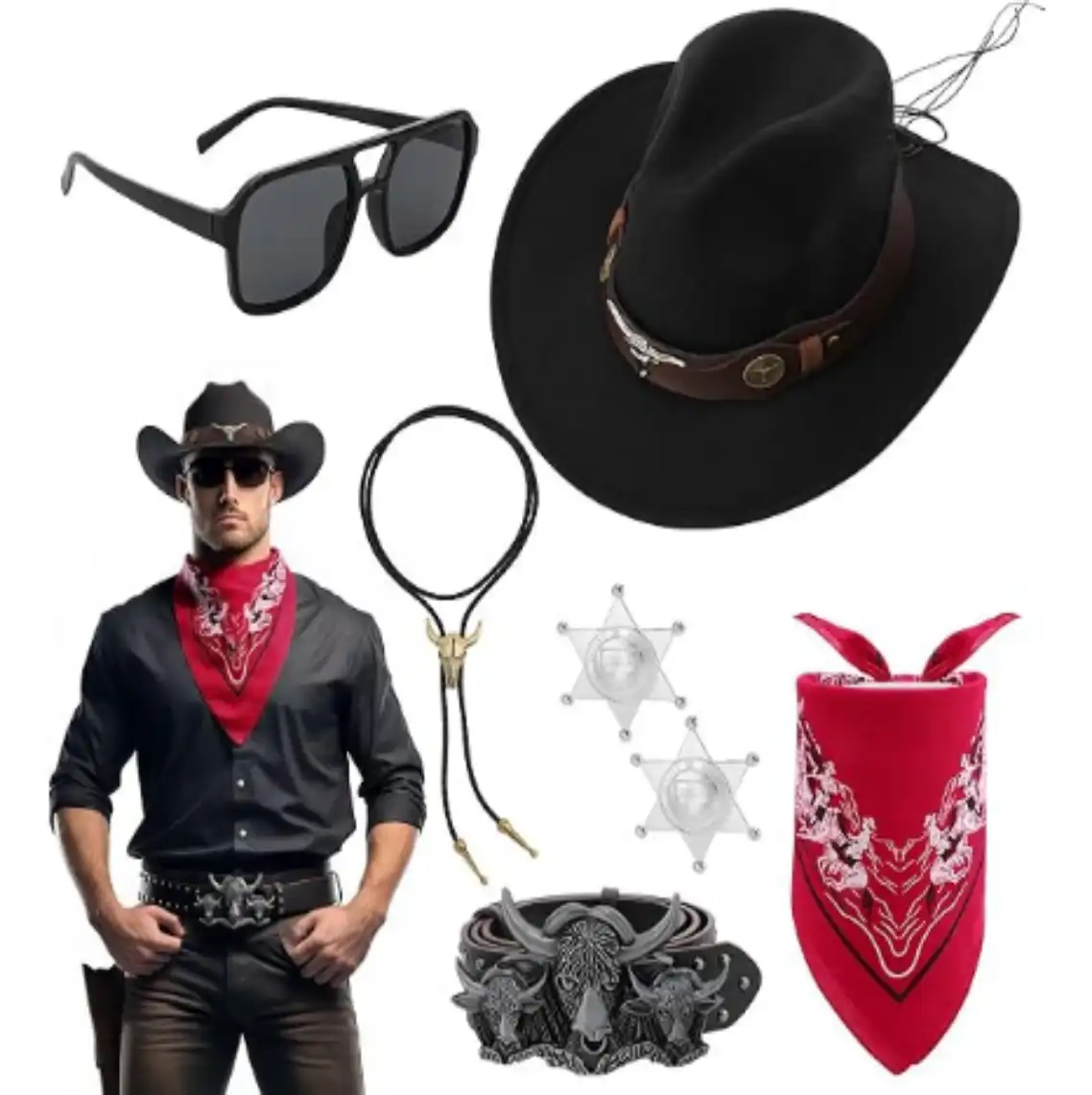 7 Pcs Cowboy Outfit for Men Women Western Cowboy Costume Accessories Set