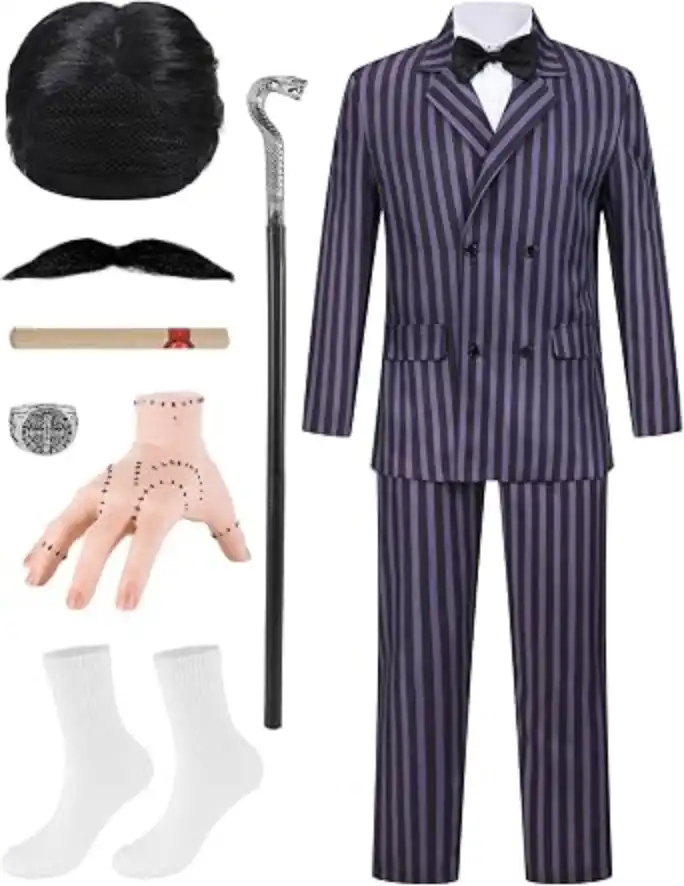 11Pcs Men Pinstripe Suit 1920s Gangster Costume Adult Halloween Outfit Set