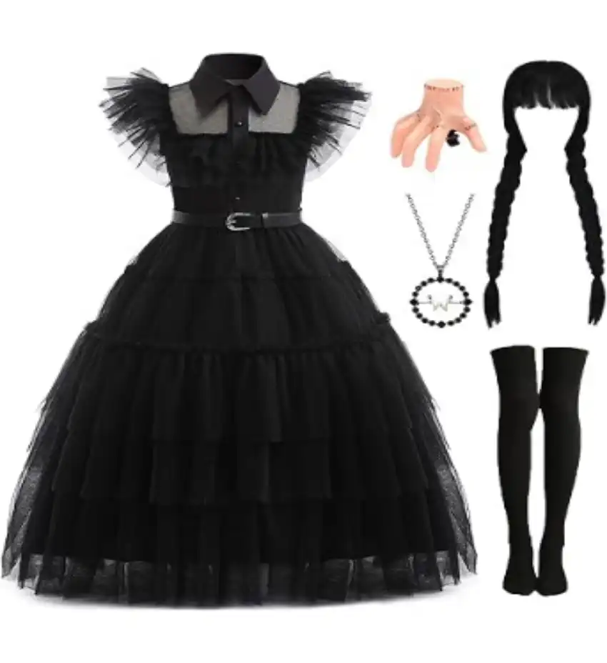Long Black Gothic Dress Adult Women Halloween Family Costume with Accessory Set