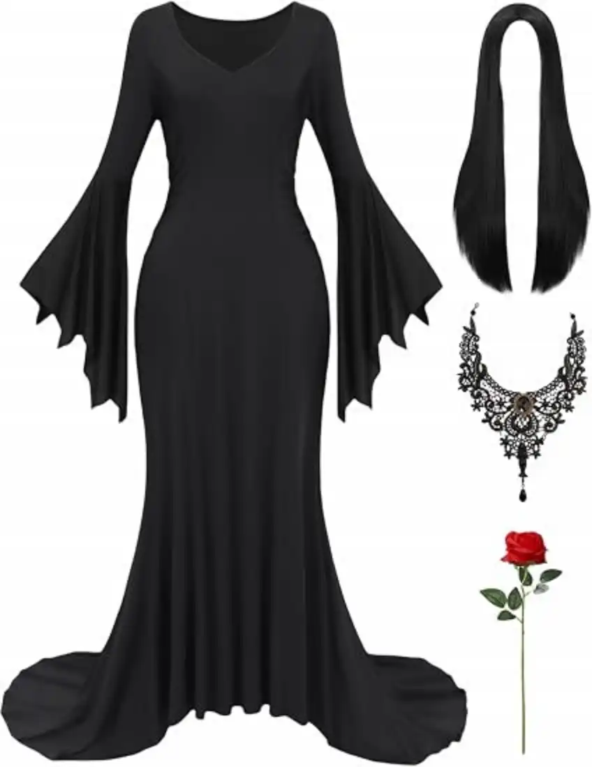 Adult Halloween Costume Women Long Black Dress with Accessories Set