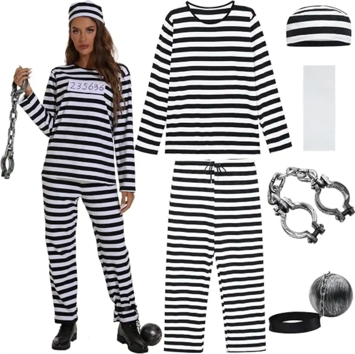 ZeroShop Prisoner Halloween Costume Women, 6 Piece Inmate Outfit Set