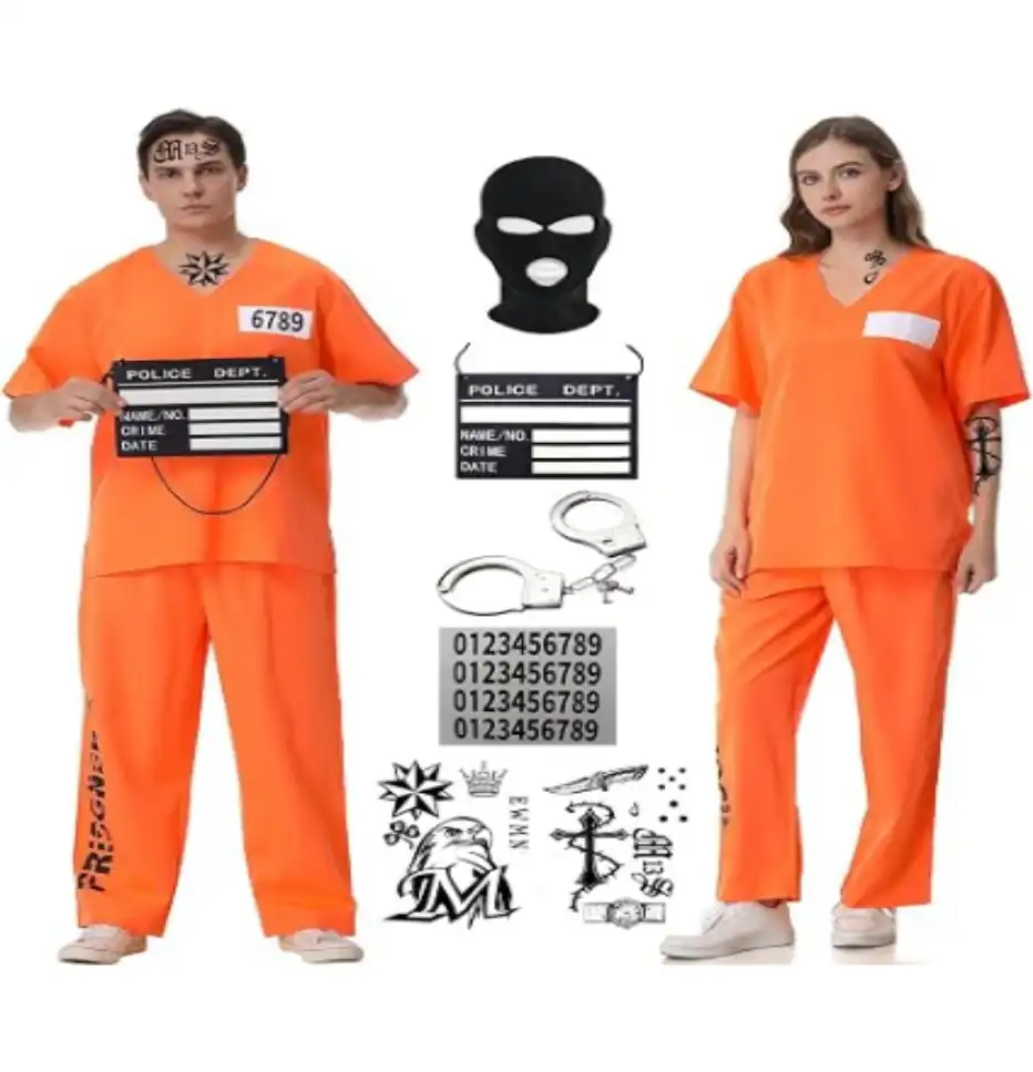 Owurha Prisoner Costume Men Women Orange Prison Inmate Outfit Adult Jail Costume Uniform Set