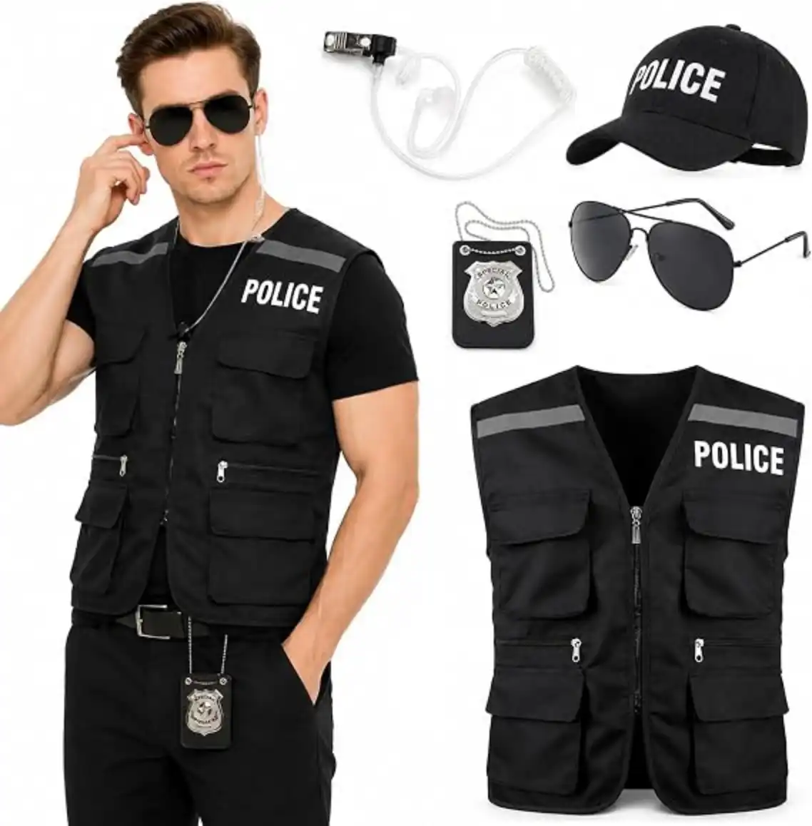Yi-gog Police Costume Outfit Set for Men and Women, Tactical Vest Accessories Cosplay Kit