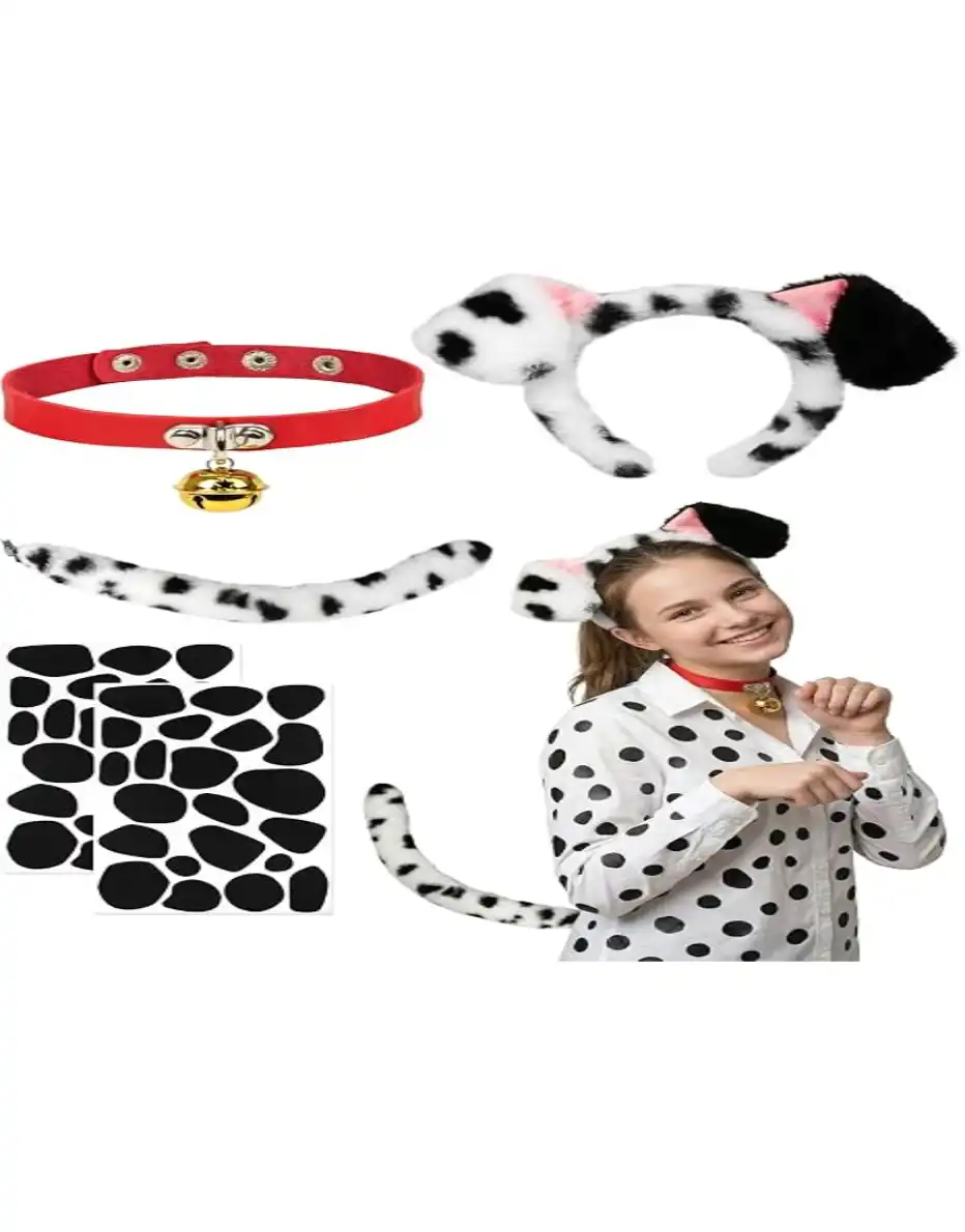 4pcs Dalmatian Ears Headband Tail Collar Set for Halloween Cosplay and School Costumes