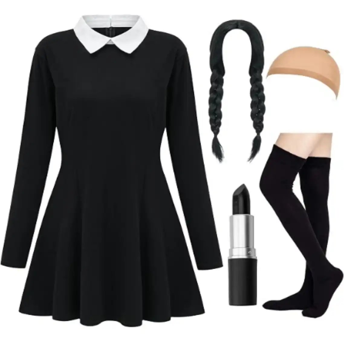 HMPRT Halloween Costumes for Women White Collar Long Sleeve Black Dress Set