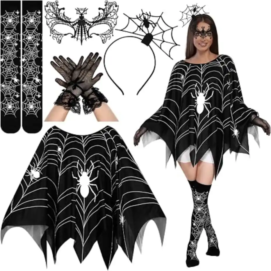 Newcotte 5 Piece Halloween Spider Web Costume Set Accessories Cape Mask Headband Stockings Gloves