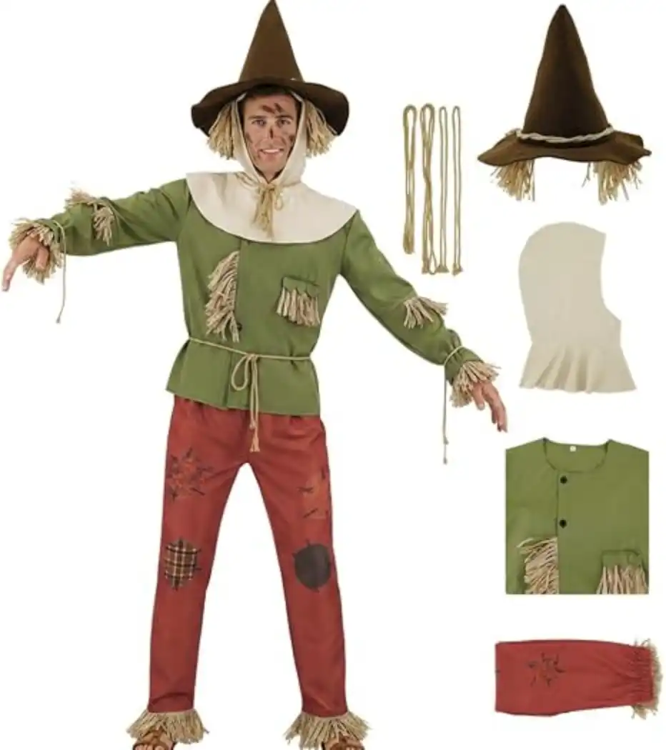 Scarecrow Costume Men Green Shirt Red Pants Hood Witch Hat Ropes Straw Wizard Kit