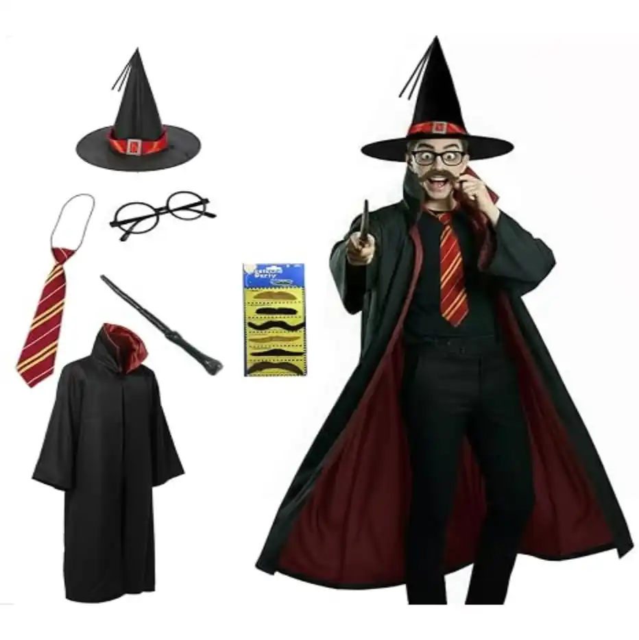 YAQIZENG Wizard Costumes Set Teens Adult Magician Cloak Robe Hat Wand Beard Halloween Outfit