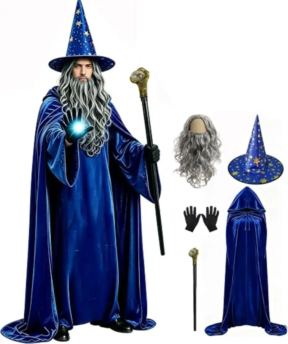 6pcs Men Medieval Wizard Costume Set with Hooded Velvet Cloak Hat Wig Beard Gloves Scepter