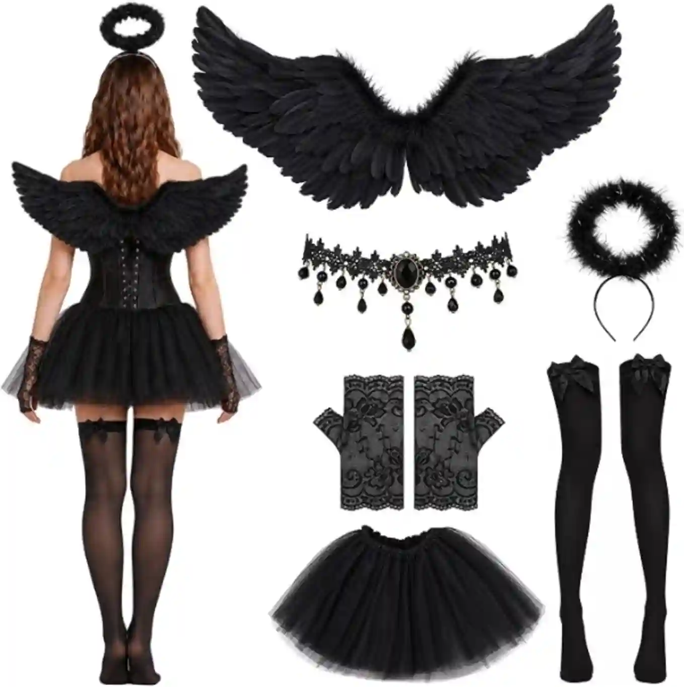 Angel Wings Costume for Women 6 Pcs Gothic Outfit Set
