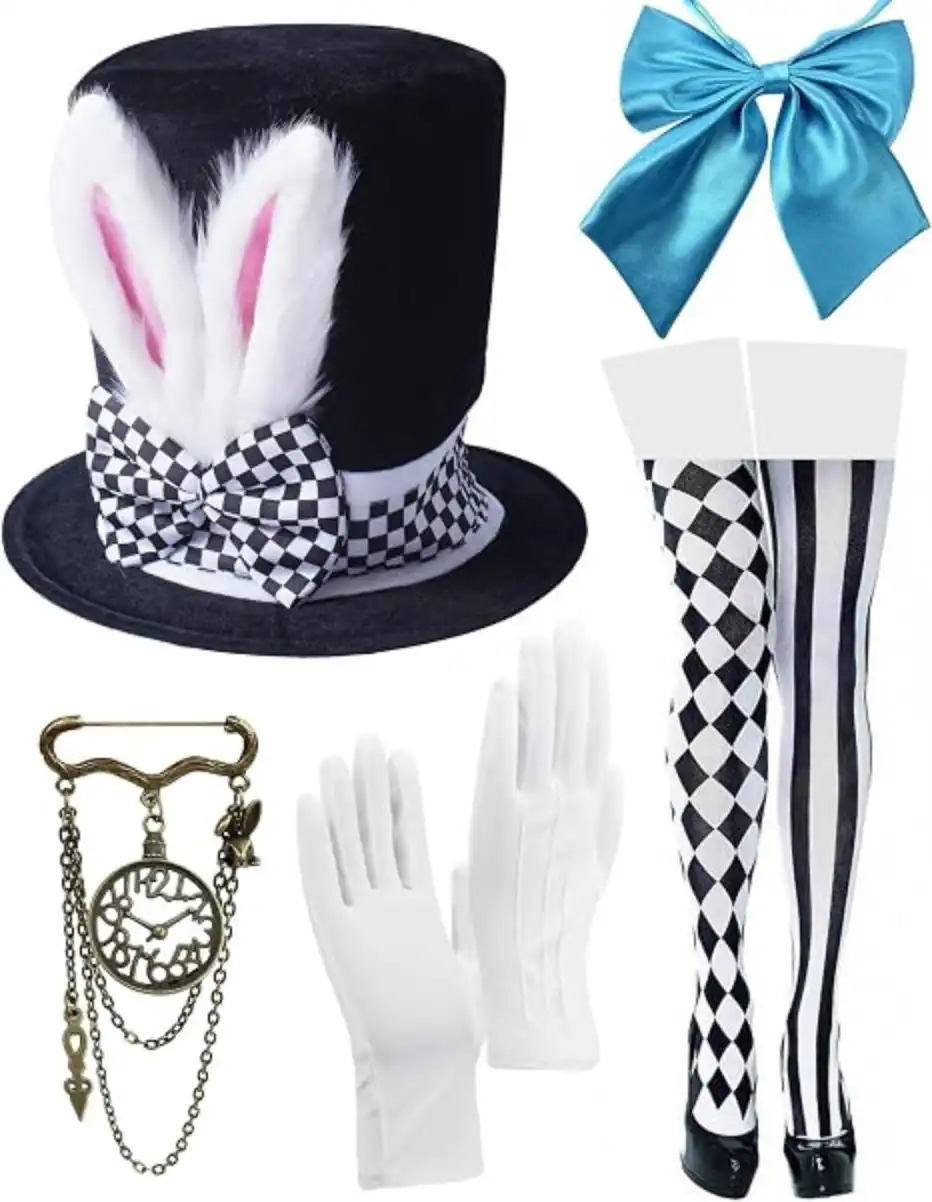 White Rabbit Costume Bunny Ears Top Hat Set for Easter Halloween Dress Up