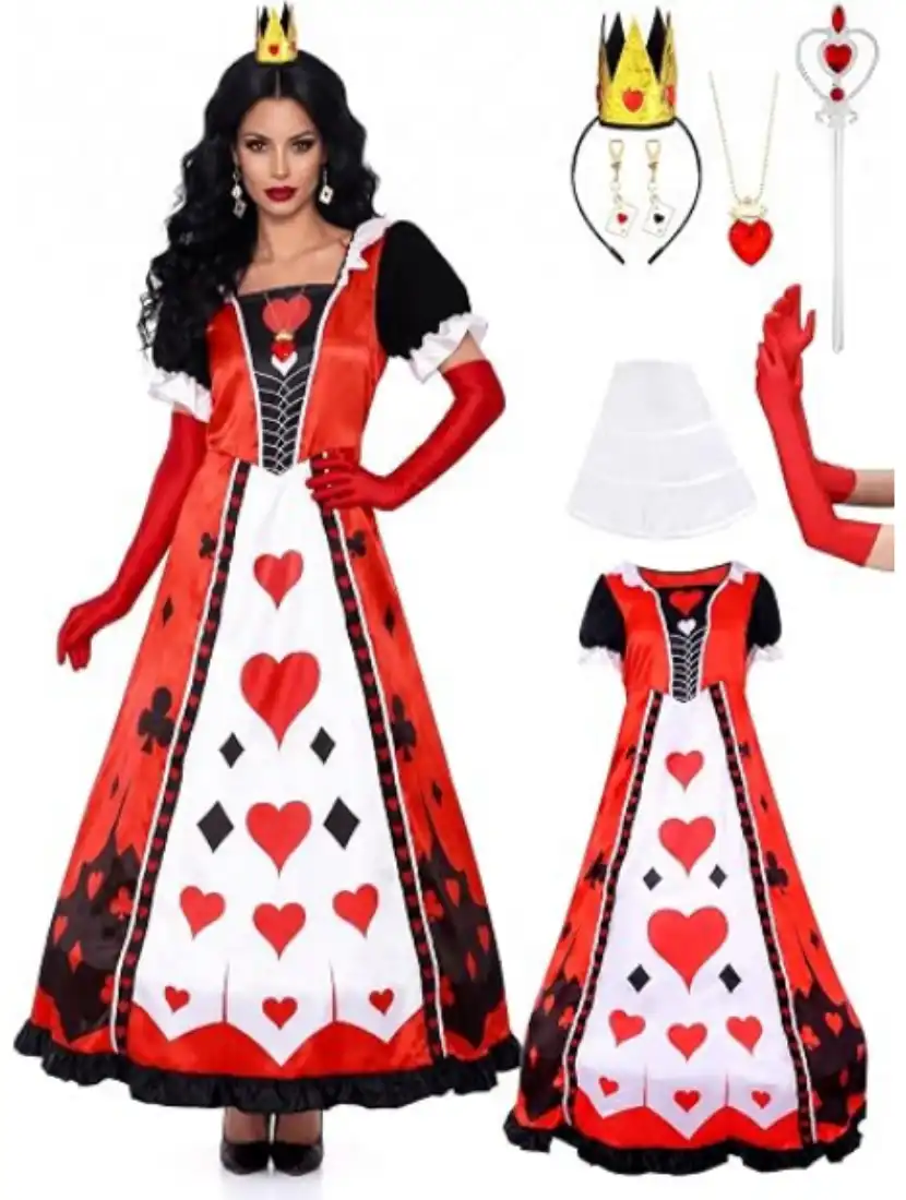 Tellingyou 8 Pcs Halloween Queen Costume Set Red Dress Heart Crown Cane Wig