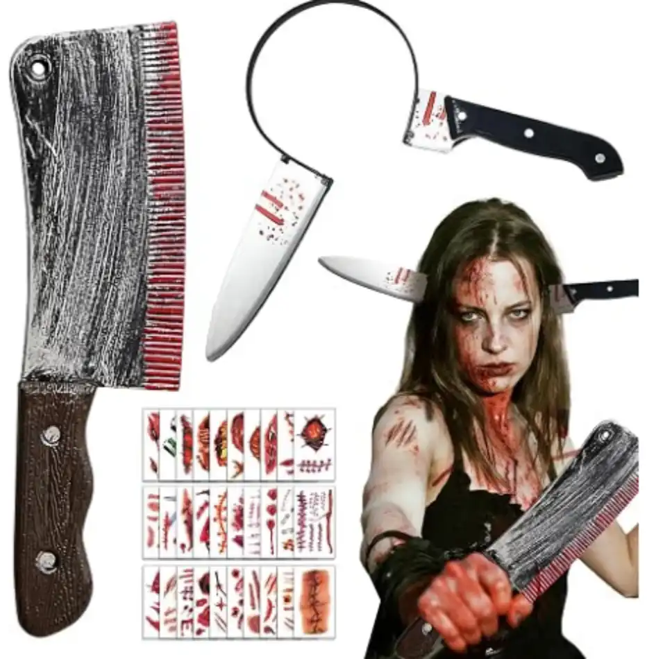 Halloween Knife Headband Costume Accessories Fake Knife Headwear 30 Sheets 3D Fake Scars Temporary Tattoos for Adults