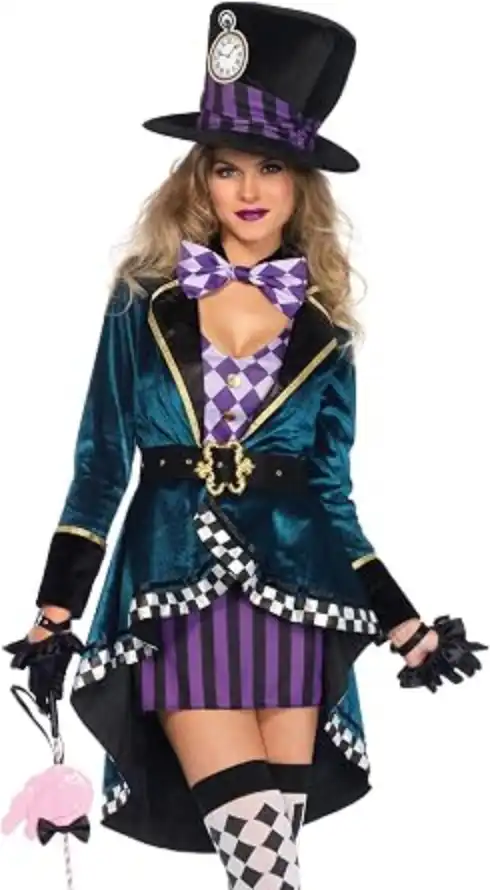 Leg Avenue Mad Hatter Costume with Dress Jacket Belt Bow Hat