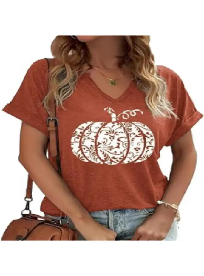 Earlymemb Women Fall Halloween Doodles V Neck Shirt Thanksgiving Casual Tee Spooky Pumpkin Top Stretchable Cotton Blend