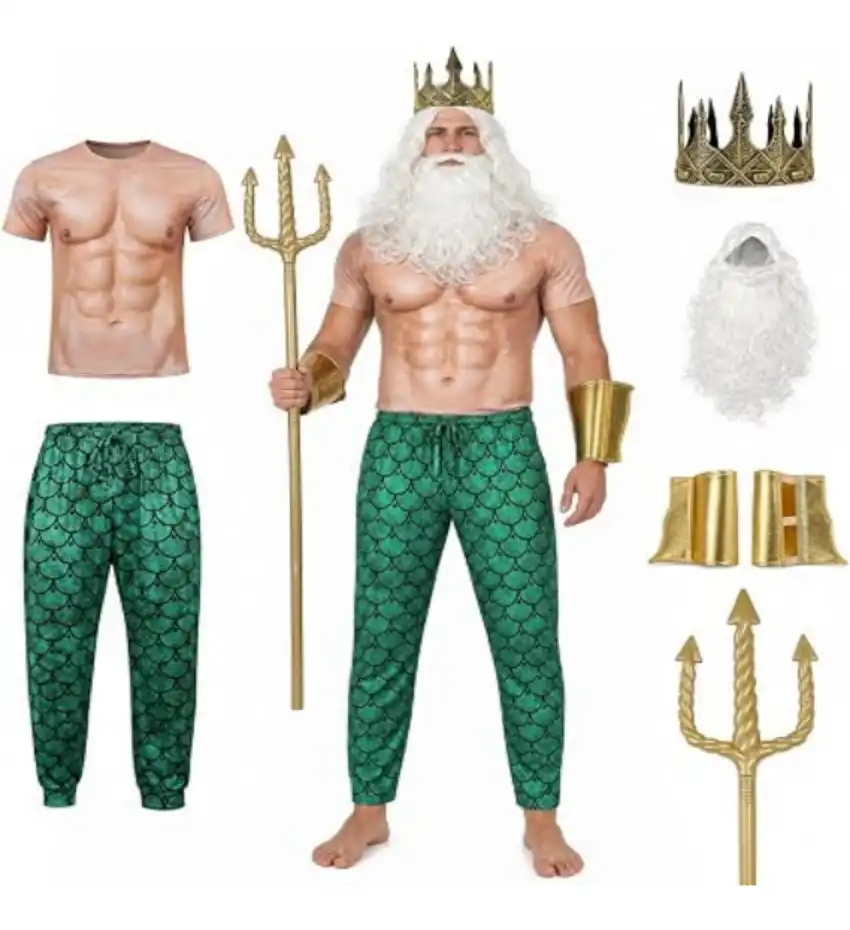 MCJCT Men Poseidon Costume Complete Six Piece Sea God Outfit Set Trident Crown Wig Beard Muscle Shirt Pants
