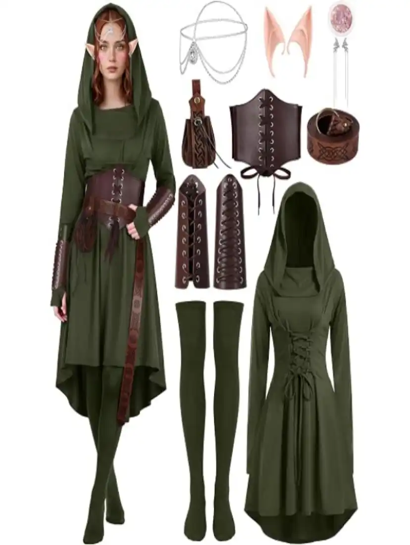 10 Pcs Women Renaissance Halloween Fairy Costumes Medieval Elf Dress Set S-XXL
